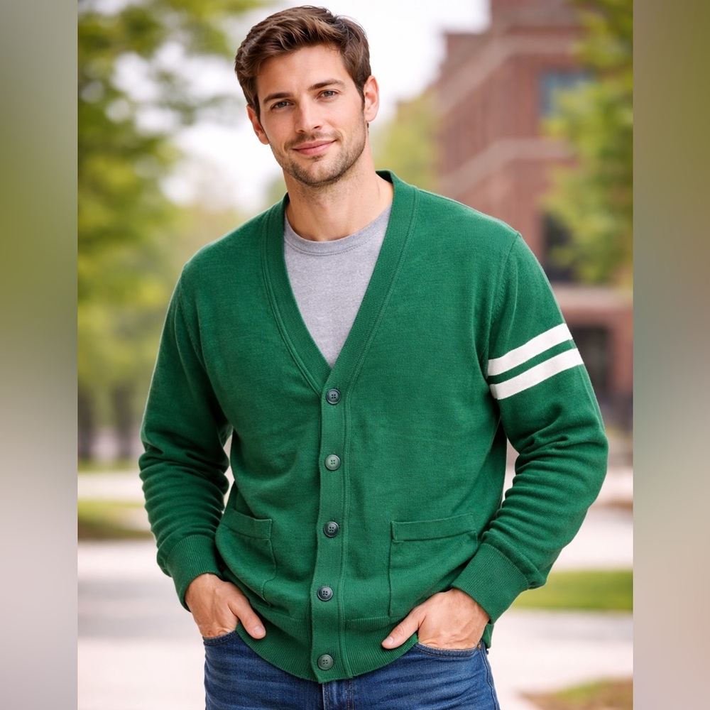 Vintage VESI‎ Sportswear Green Cotton Cardigan Sweater men’s XL Striped Sleeve